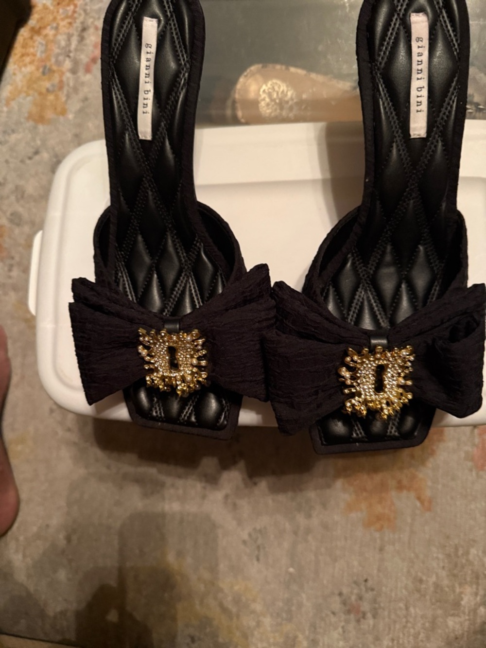 Gianni Bini Black Bow Slides with Gold Crystal Buckle